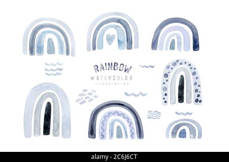 Aquarell Kinder Regendage Set, skandinavische Cliparts mit handbemalten Boho Regenbögen. Kinderzimmer Kunst Illustration in trendigen skandinavischen Stil. Modern Stockfoto