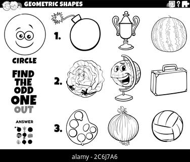 Schwarz-Weiß-Cartoon Illustration von Kreis geometrische Form Educational Odd OBE Out Aufgabe für Kinder Malbuch Seite Stock Vektor