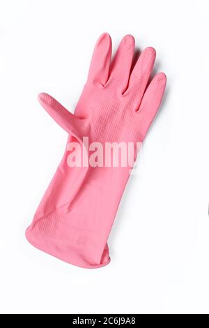 Einzelner rosa Handschuh aus Gummi isoliert auf weißem Hintergrund. Reinigung der Handbekleidung Stockfoto