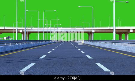 Tag Straße Autobahn Reise Konzept Route Richtung 3d Rendern auf grünem Bildschirm Stockfoto