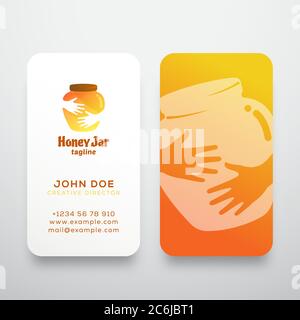 Honey Jar abstraktes Vektorzeichen, Symbol oder Logo Vorlage und Visitenkarte. Kreatives Stationäres Layout. Bunter Topf in Händen Negative Raum Konzept. Stock Vektor