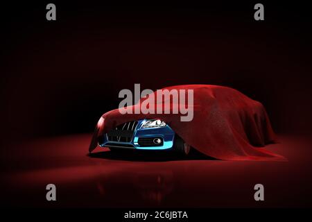 Konzept der Präsentation des Autos unter einem roten Tuch in einem dunklen roten Studio 3d-Rendering Illustration Stockfoto