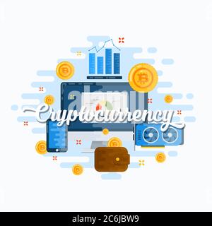 Kryptowährung Abstrakt Vektor Flat Style Moderne Illustration. Bitcoin Digital Currency, Electronics und Infographics Icons Konzept. Guter Header oder Stock Vektor