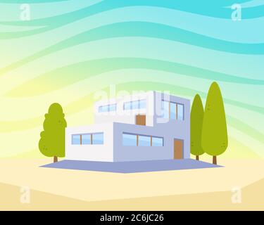 Haus im flachen Stil mit moderner Architektur und Bäumen im Hof. Schöne Stadt Landschaft Vektor Zeichnung Illustration Stock Vektor