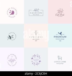 Abstrakte feminine Vektor-Zeichen, Symbole oder Logo-Vorlagen Set. Retro-Blumenillustration mit klassischer Typografie, Vögeln und Lamm. Premium-Qualität Stock Vektor