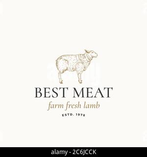 Best Meat Farm frisches Lamm Abstrakt Vektor-Zeichen, Symbol oder Logo-Vorlage. Handgezeichnete Gravur Schafe Silhouette mit Retro Typografie. Vintage-Vektor Stock Vektor