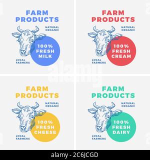 Farm Dairy Products Abstract Vektor-Zeichen, Symbol oder Logo-Vorlage. Handgezeichnete Kuhgesicht-Silhouette mit moderner Typografie. Frisches Milchemblem. Stock Vektor