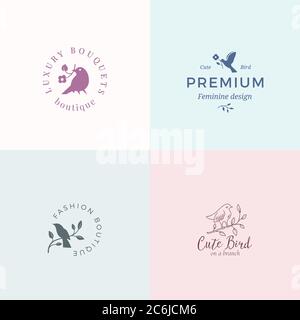 Niedliche kleine Vogel Vektor-Zeichen oder Logo-Vorlagen Set. Klassische Typografie, Vögel und Blumen. Hochwertige feminine Embleme für Beauty Salon, SPA Stock Vektor