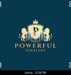 Leistungsstarke Heraldry Abstract Vektor-Zeichen, Symbol oder Logo-Vorlage. Goldene Löwen-Schildbilder mit Schild, Banner, Krone und klassischer Retro-Typografie Stock Vektor