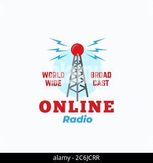 Online Radio Abstract Vektor-Zeichen, Symbol oder Logo-Vorlage. Antennenturm im Vintage-Stil mit Retro-Typografie. Stock Vektor