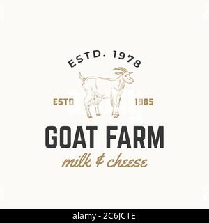 Ziege Milchviehbetrieb abstrakte Vektor-Zeichen, Symbol oder Logo-Vorlage. Handgezeichnete Ziegenschnur mit Retro Typografie. Vintage-Emblem. Stock Vektor
