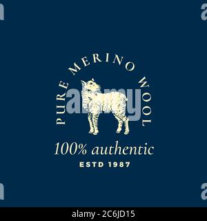 Abstrakte Vektorgrafik aus reiner Merinowolle, Symbol- oder Logo-Vorlage. Handgezeichnete Lamb Silhouette mit Retro Typografie. Vintage Luxus Vektor-Emblem. Stock Vektor