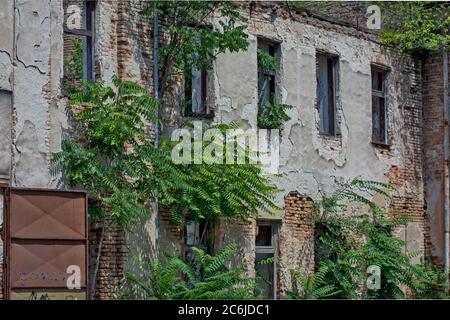 Zrenjanin, Serbien, 04. Juli 2020. Das Dach eines alten Gebäudes brach zusammen. Gebäude warten auf Reparatur oder Abriss? Stockfoto