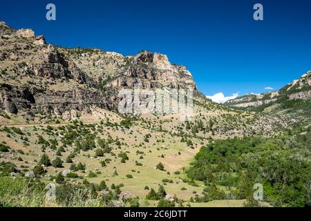 Der farbenfrohe und üppige Tensleep Canyon entlang des Cloud Peak Skyway (US Highway 16) im Wyoming Bighorn National Forest im Sommer Stockfoto