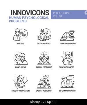 Menschliche psychische Probleme line Design style Icons einstellen Stock Vektor