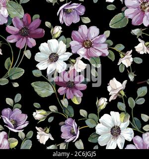Eleganz nahtloses Muster mit Garten Blumen Kosmos. Strauß Wildblumenstern im Aquarellstil. Realistische Vektordarstellung Stock Vektor