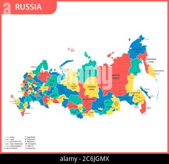 Die detaillierte Karte des Russland mit Regionen oder Staaten und Städte, Hauptstädte. Russische Föderation Stock Vektor