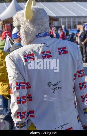 Norwegischer Ski-Fan in Jacke mit der norwegischen Flagge, FIS Nordische Ski-Weltmeisterschaften, Seefeld, Österreich, 2019. Stockfoto