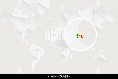 Senegal Karte mit Flagge in Kontur auf weißer polygonaler Weltkarte. Vektorgrafik. Stock Vektor