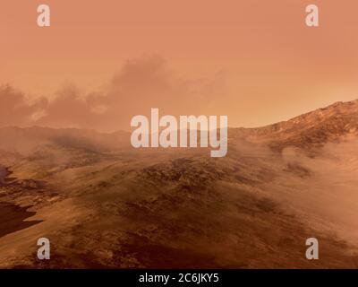 3D-gerenderte Marslandschaft mit einem roten felsigen Gelände bedeckt mit Nebel, für Science Fiction oder Weltraumforschung Hintergründe. Stockfoto