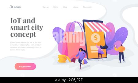 Smart Retail in Smart City Landing Page Template. Stock Vektor