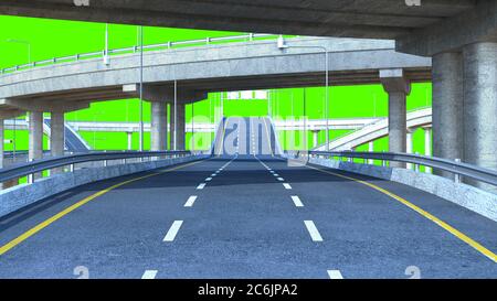 Tag Straße Autobahn Reise Konzept Route große Bord 3d Rendern auf grünem Bildschirm Stockfoto