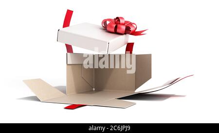 Weiße offene quadratische Geschenkbox mit rotem Band und Schleife 3d Rendering auf weiß Stockfoto