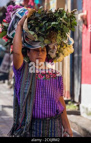 Guatemala, Solola Department, Santiago Atitlan, EINE Maya-Frau in traditionellem Kleid trägt Bündel von Blumen auf dem Kopf auf dem Markt. Stockfoto