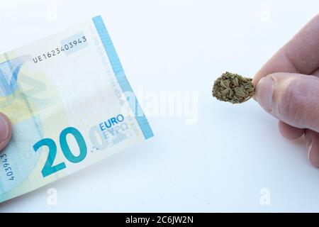 Kopf der Cannabisblüte. Kraut genannt Marihuana, die als medizinische Therapie geraucht wird. Zwanzig-Euro-Rechnung, Konzept des Austausches von Geld für Drogen. Stockfoto