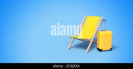 Banner mit Liegestuhl und Koffer auf blauem Hintergrund 3D-Rendering Stockfoto