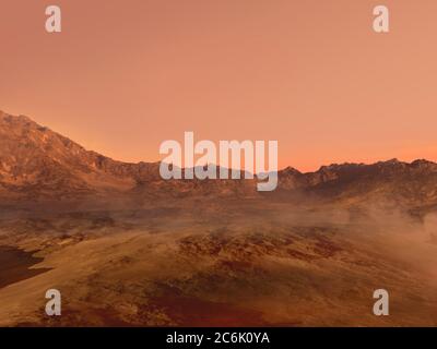 3D-gerenderte Marslandschaft mit einem roten felsigen Gelände bedeckt mit Nebel, für Science Fiction oder Weltraumforschung Hintergründe. Stockfoto