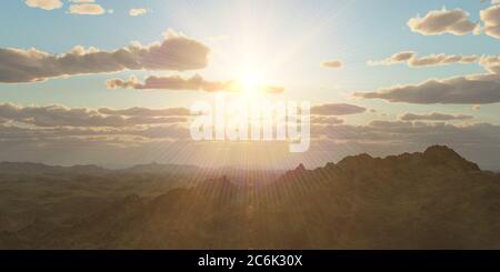 Bergpanorama über den Wolken Sonnenuntergang. Computergenerierte 3D-Illustration Stockfoto Bergpanorama über den Wolken Sonnenuntergang. Computergenerierte 3D-Illustration Stockfoto