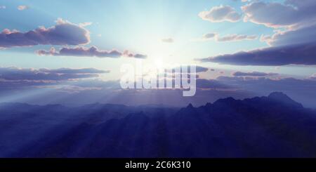 Bergpanorama über den Wolken Sonnenuntergang. Computergenerierte 3D-Illustration Stockfoto Bergpanorama über den Wolken Sonnenuntergang. Computergenerierte 3D-Illustration Stockfoto