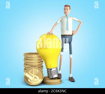 Profitable Idee Konzept Cartoon Mann hält eine Glühbirne auf Münzen 3d Rendering auf blauem Gradienten stehen Stockfoto