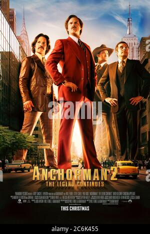 Anchorman 2: The Legend Fortsetzung (2013) Regie: Adam McKay mit will Ferrell, David Koechner, Paul Rudd und Steve Carell. San Diegos Nachrichtensprecher kehrt zurück, um den ersten 24-Stunden-Nachrichtensender der Welt vorzustellen. Stockfoto
