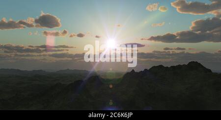 Bergpanorama über den Wolken Sonnenuntergang. Computergenerierte 3D-Illustration Stockfoto Bergpanorama über den Wolken Sonnenuntergang. Computergenerierte 3D-Illustration Stockfoto