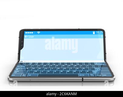 Serielles flexibles Telefon mit Dialogfeld auf dem Bildschirm 3d-Rendering auf Weiß Stockfoto