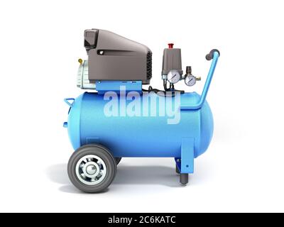 Moderner Blue Air Compressor 3d-Rendering auf weißem Hintergrund Stockfoto