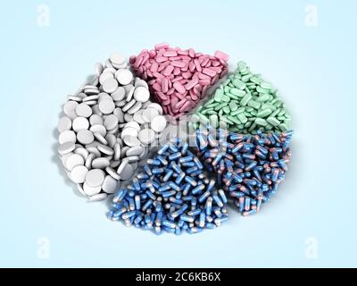 Medizinische Pillen in Form von Abschnitten eines Kreisdiagramms Nahrungsergänzungsmittel Konzept 3d Rendern auf blau Stockfoto