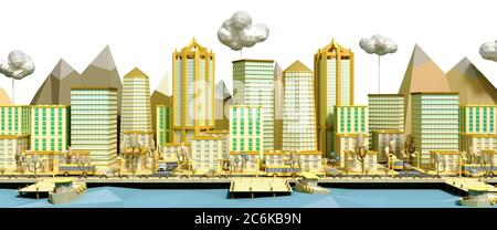Gelbes Spielzeug low Poly Stadt 3d Rendering auf weiß Stockfoto