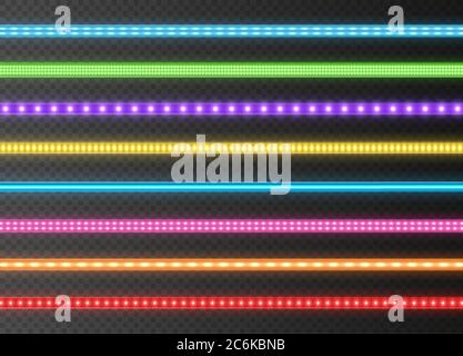 Bunte LED-Streifen-Kollektion, helle leuchtende Bänder auf einem transparenten Hintergrund isoliert. Realistische Neon Girlanden. Stock Vektor