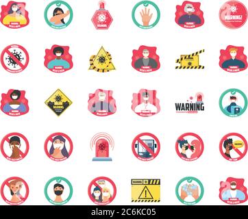 Satz von Symbolen Sicherheitsmaßnahmen und Vorsichtsmaßnahmen, Warnschilder Vektor Illustration Design Stock Vektor