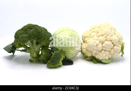 Kopf von Kohl, Blütenstände von Brokkoli und Blumenkohl auf einem hellen Hintergrund. Naturprodukt. Natürlicher Farbton. Nahaufnahme. Stockfoto