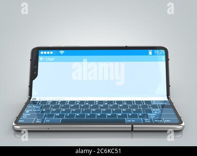 Serielles flexibles Telefon mit Dialogfeld auf dem Bildschirm 3d-Rendering auf grauem Verlauf Stockfoto