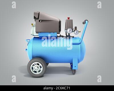 Moderner Blue Air Compressor 3d-Rendering auf grauem Hintergrund Stockfoto