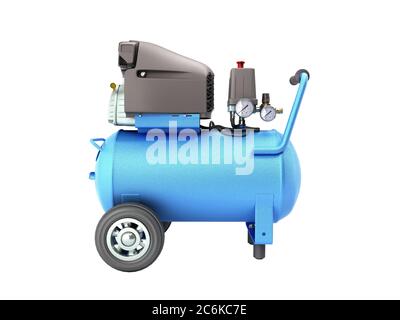 Moderner Blue Air Compressor 3d Rendering auf weißem Hintergrund ohne Schatten Stockfoto