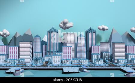 Blaues Spielzeug low Poly Stadt 3d Renderbild Stockfoto