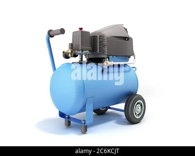 Moderner Blue Air Compressor 3d-Rendering auf weißem Hintergrund Stockfoto