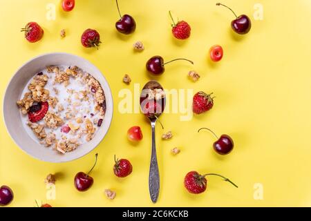 Leckeres und gesundes Vollkornmüsli-Frühstück mit vielen trockenen Früchten, Nüssen, Körnern und frischen Kirschen, Erdbeere.Haferflocken und frischen Beeren Stockfoto