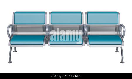 Bank oder Stühle für Warteraum, 3 Plätze mit gepolstertem Kissen in blauem Kunstleder gepolstert, Vorderansicht. 3D-Rendering auf weißem Hintergrund isoliert Stockfoto